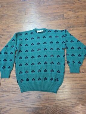 1980’s Vintage Quills Woolen Market Green Shamrock Sweater Ireland Mens Medium